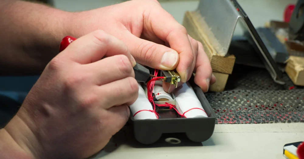 Close up of hands building a lithium ion battery