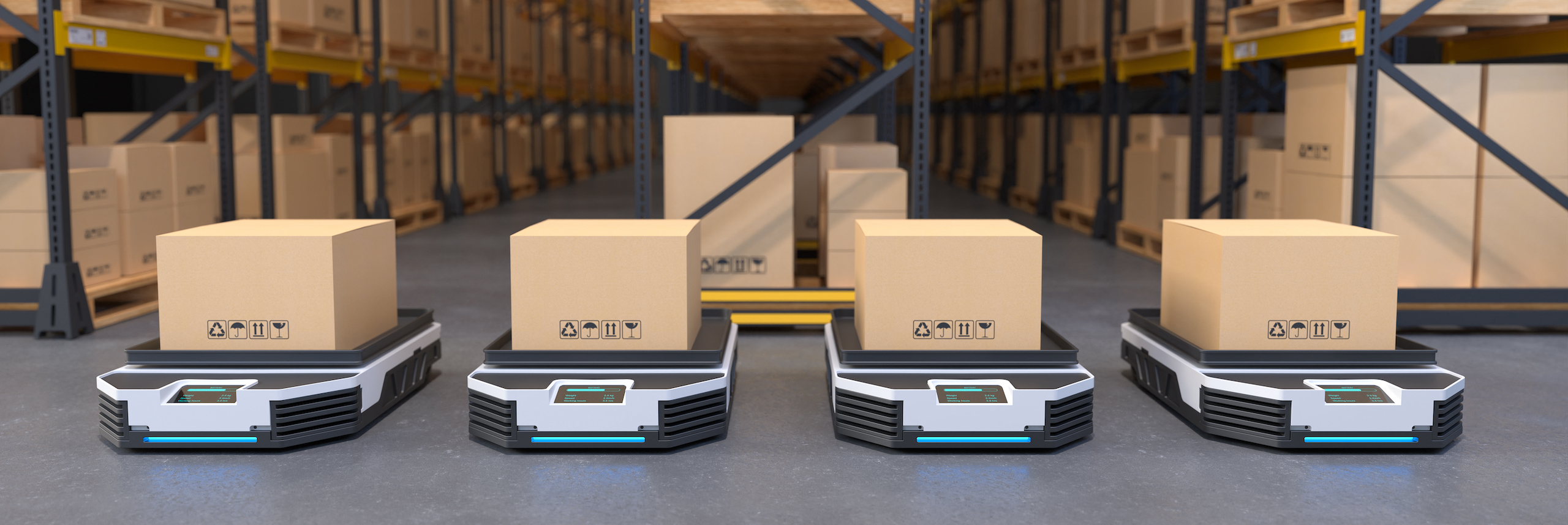 Autonomous Robot Transportation In Warehouses, Warehouse Automation Concept. 3d Illustration Industrial Hero