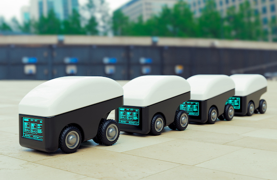 Delivery Robot Car Fleet, Intelligent Automaton Vehicle For The Delivery Of Food And Products. 3d Il