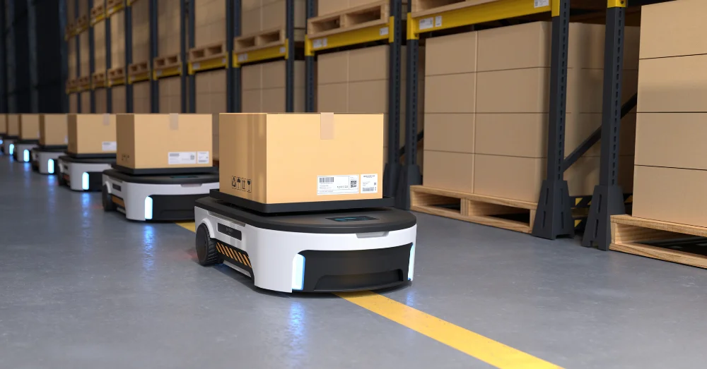 Robots moving through a warehouse