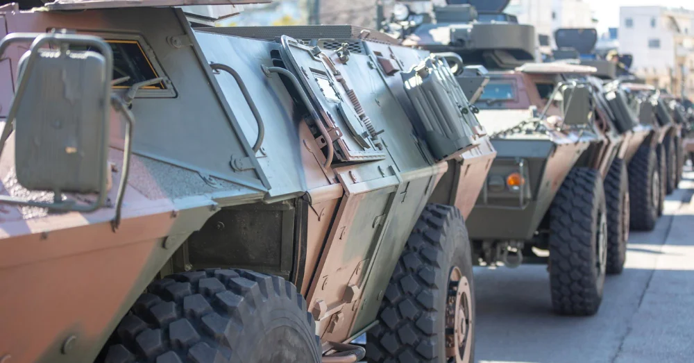 A row of military vehicles