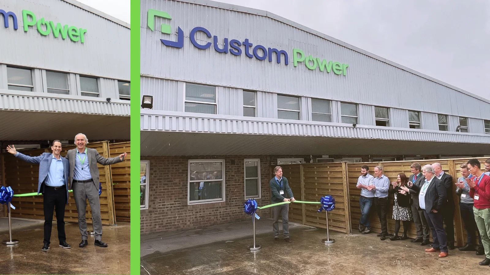 people cutting a ribbon outside a building