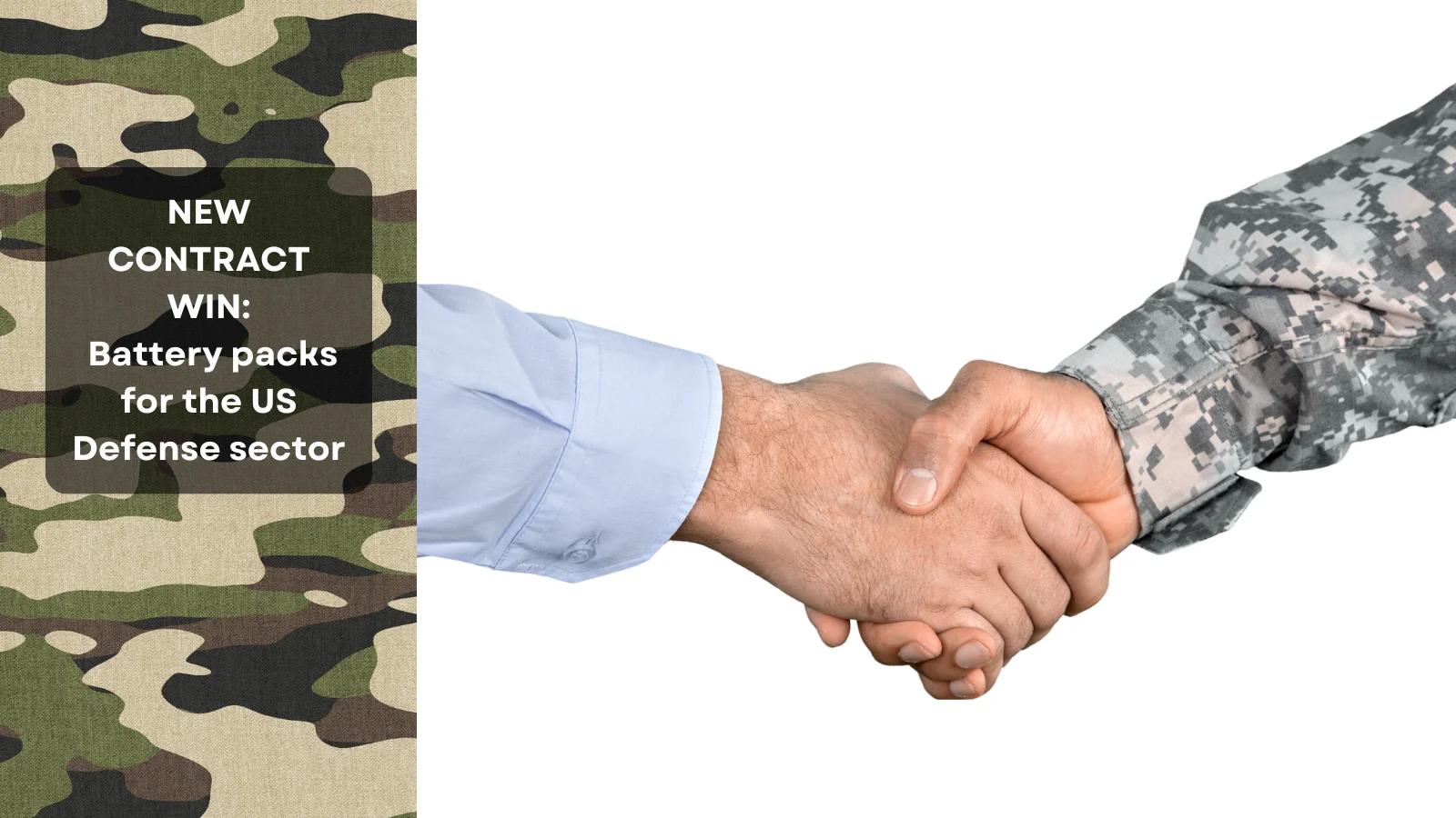 Hands shaking with contract win details on a camo background