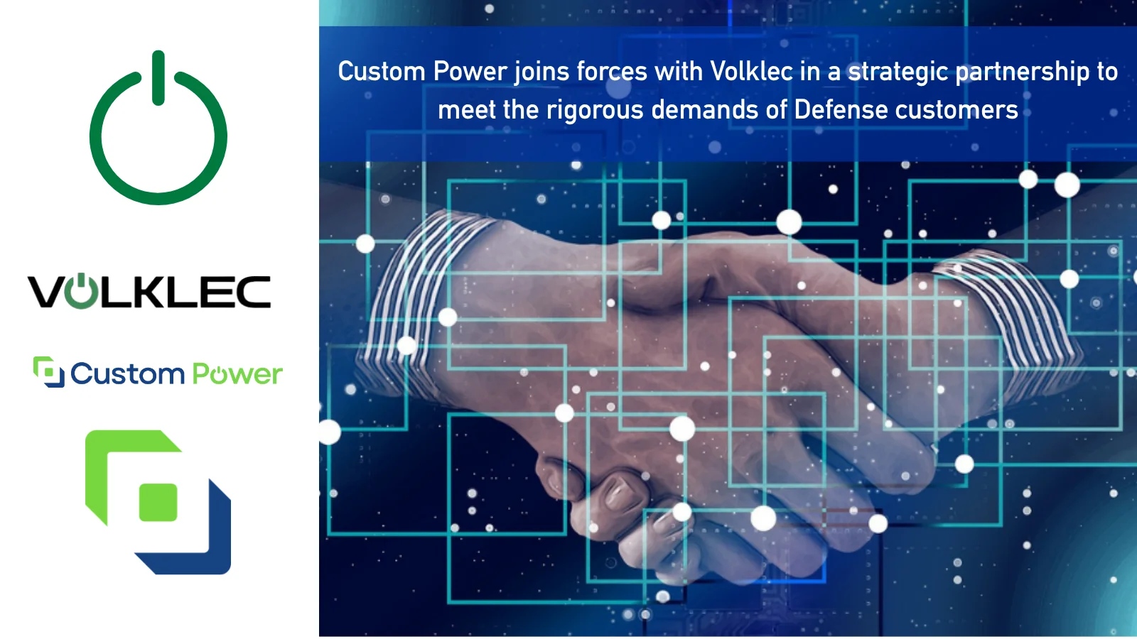 hands shaking with Volklec and Custom Power logos